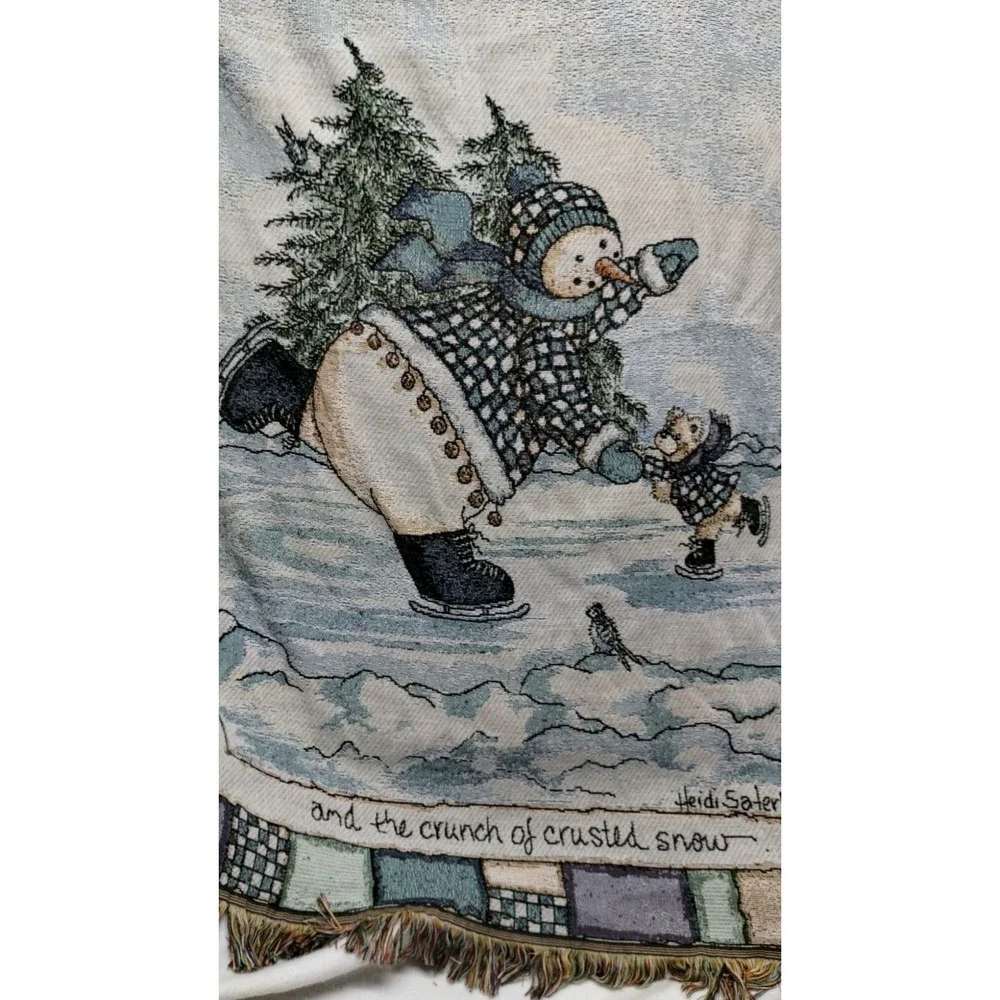 Heidi Salerberg Tapestry Throw Blanket‎ Snowman Winter Scene Fringed